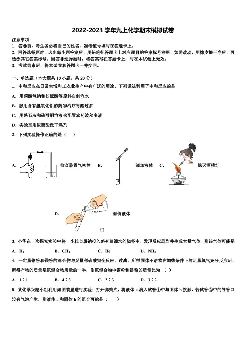 2022年湖南省长沙市天心区部分学校九年级化学第一学期期末监测模拟试题含解析