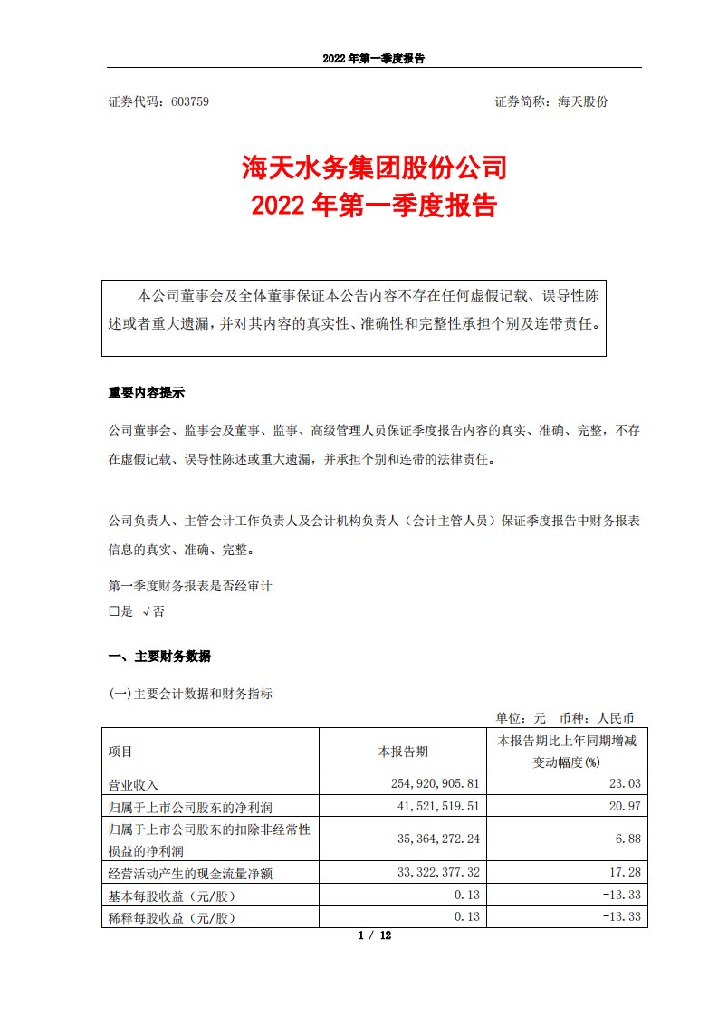 上交所-海天股份2022年第一季度报告-20220425