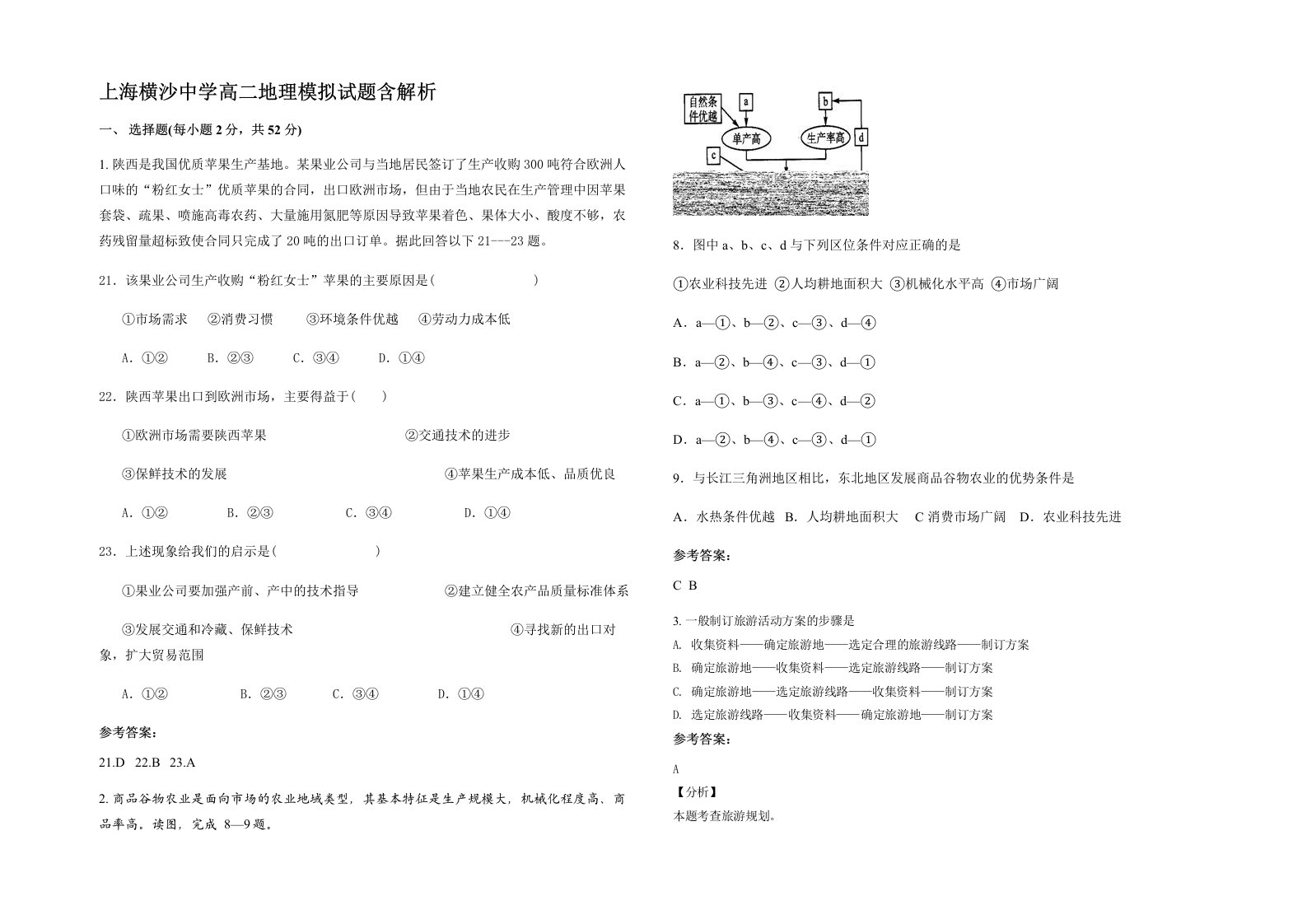 上海横沙中学高二地理模拟试题含解析