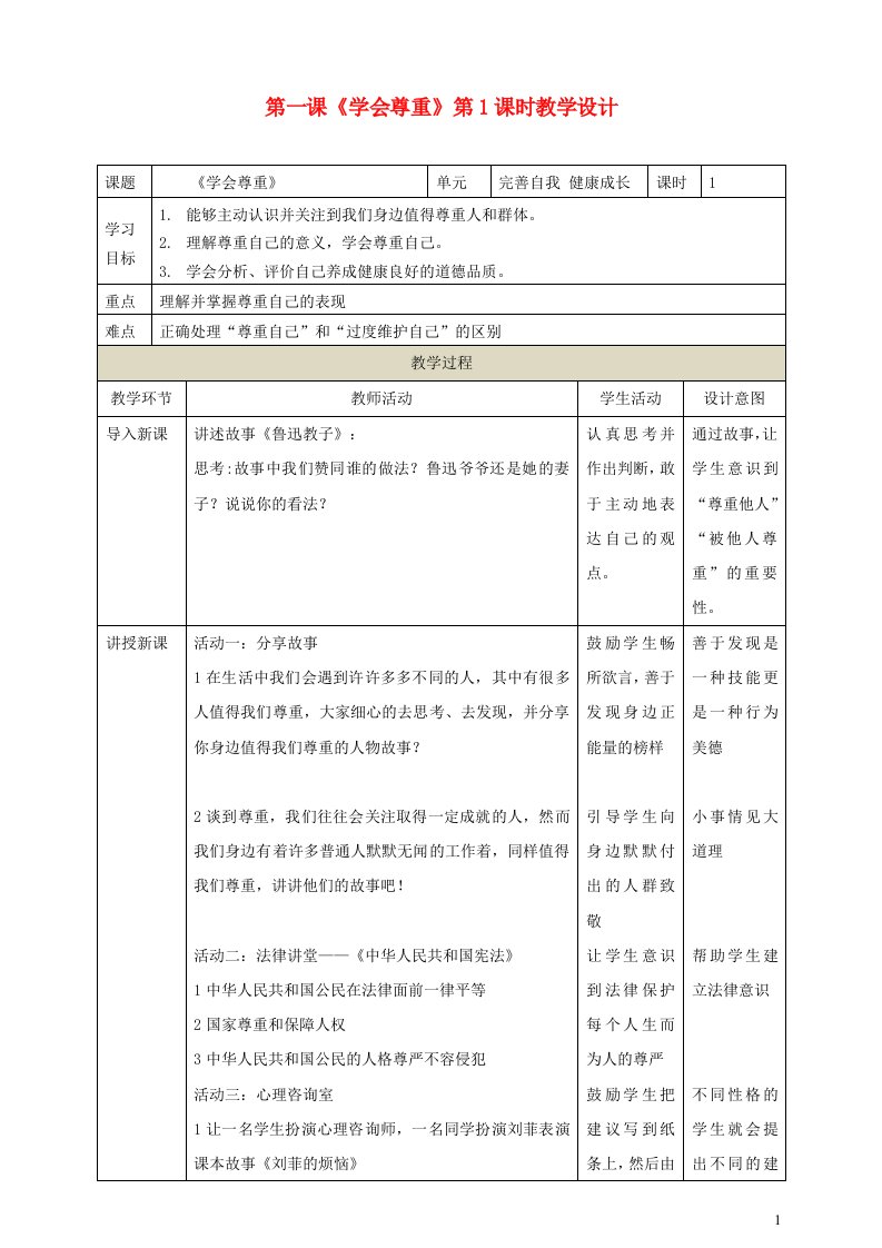 2022春六年级道德与法治下册第一单元完善自我降成长第一课学会尊重第1课时教学设计新人教版