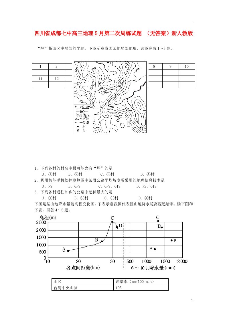 四川省成都七中高三地理5月第二次周练试题（无答案）新人教版