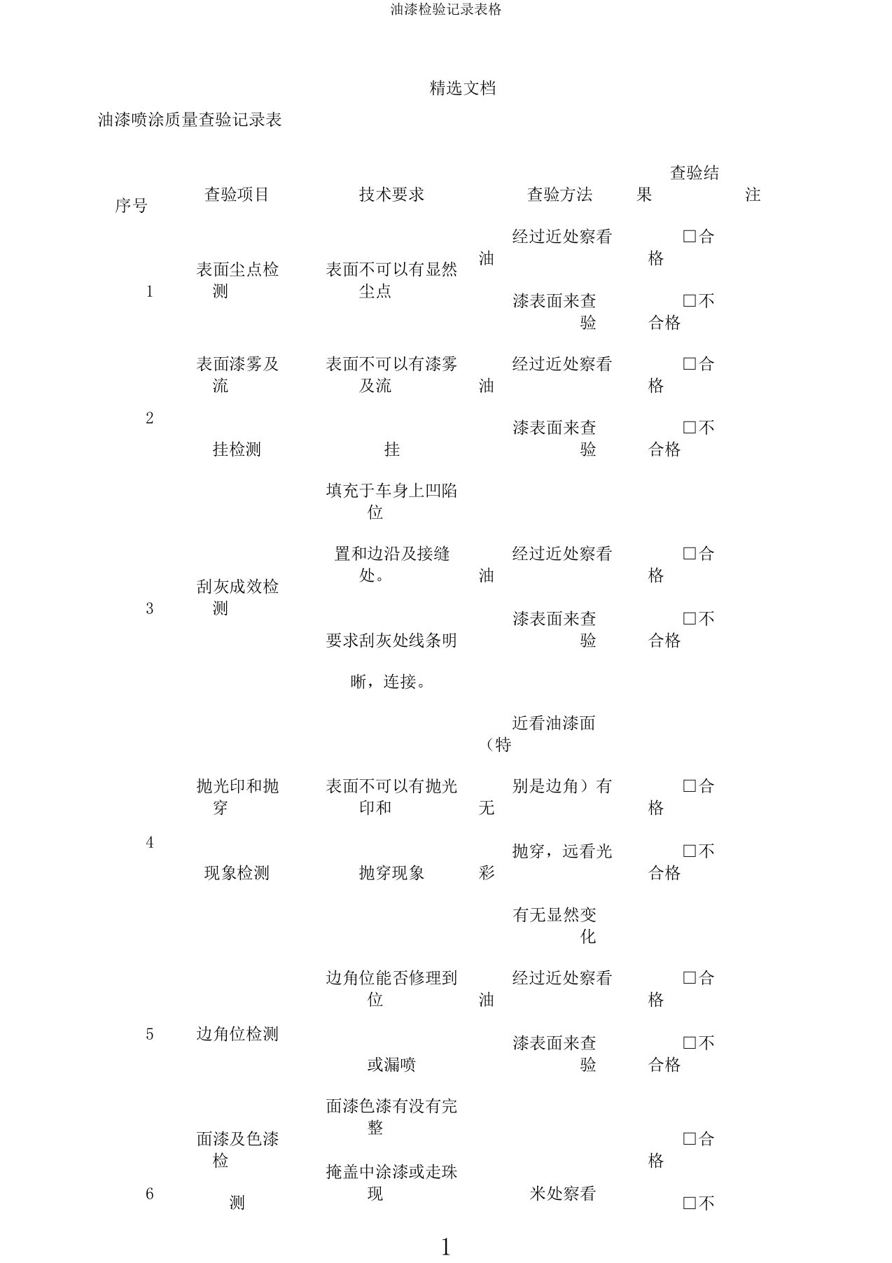 油漆检验记录表格