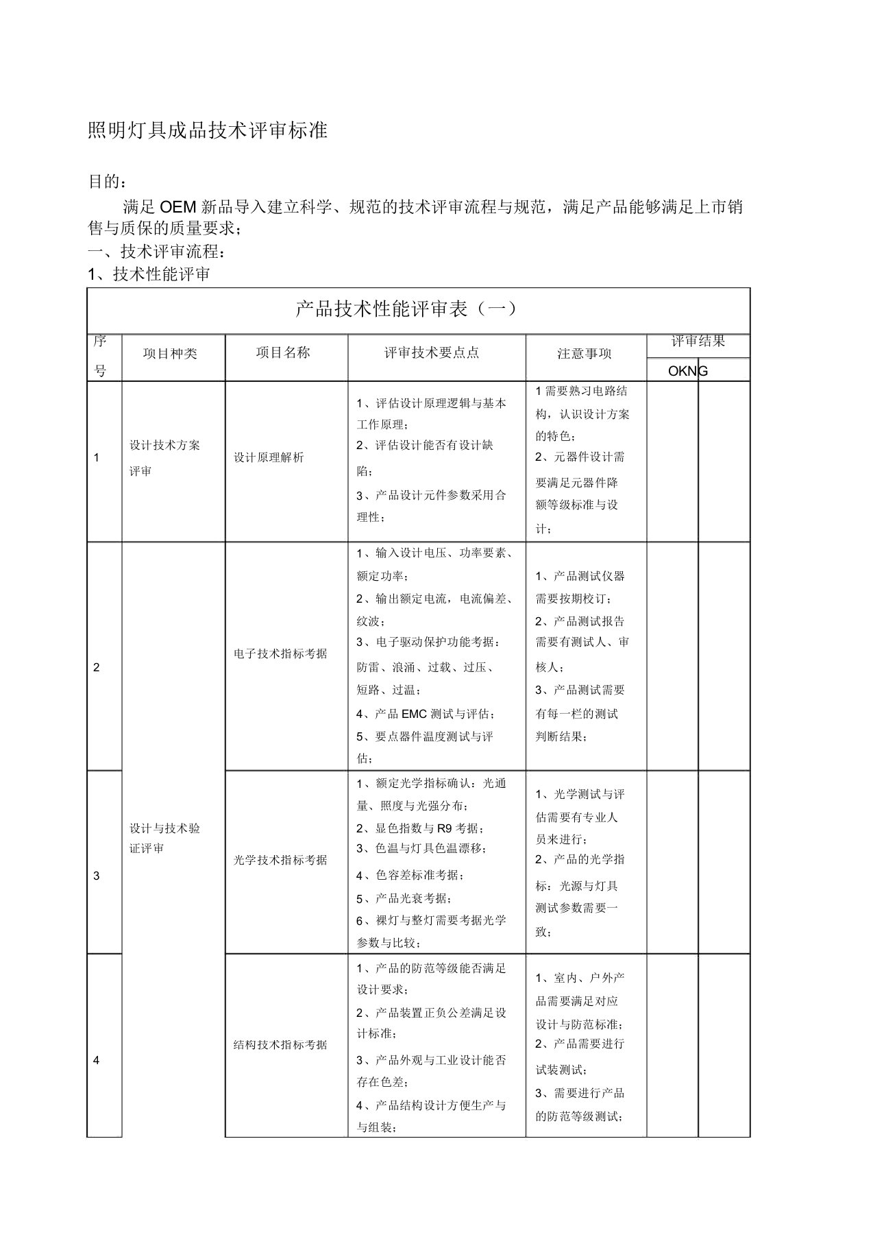 照明灯具成品技术评审标准