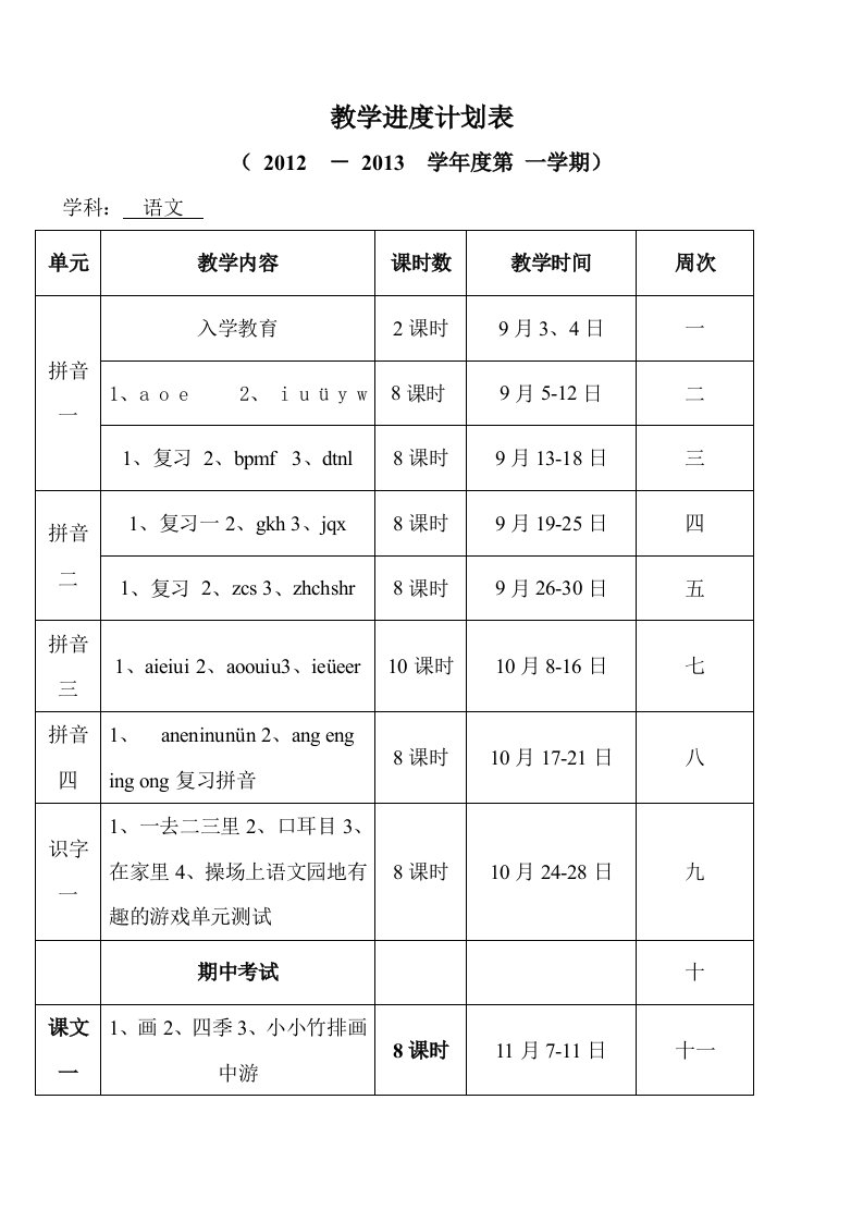 小学一年级语文教学进度计划表