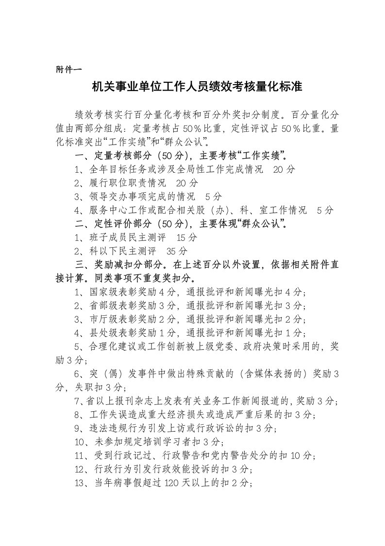 机关事业单位工作人员绩效考核量化标准