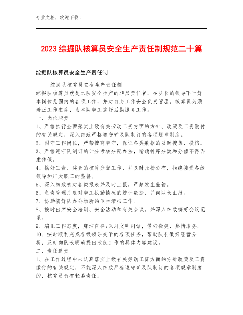 2023综掘队核算员安全生产责任制规范二十篇