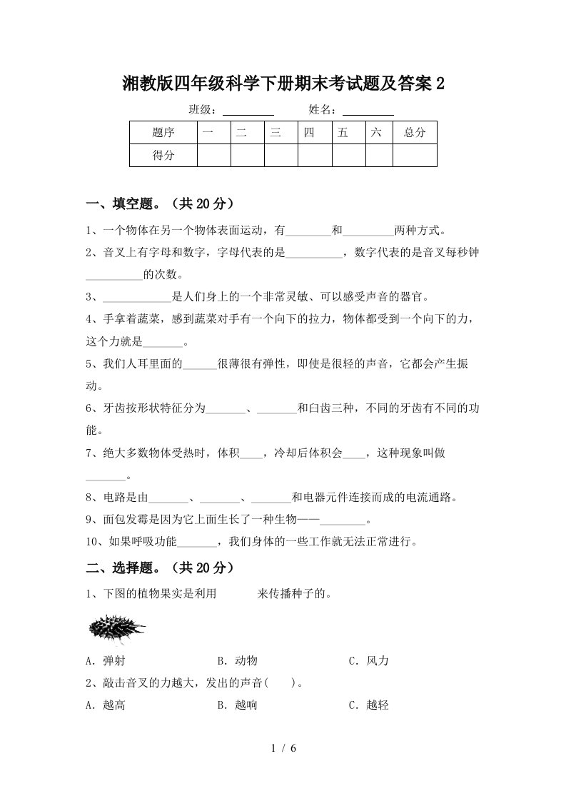 湘教版四年级科学下册期末考试题及答案2