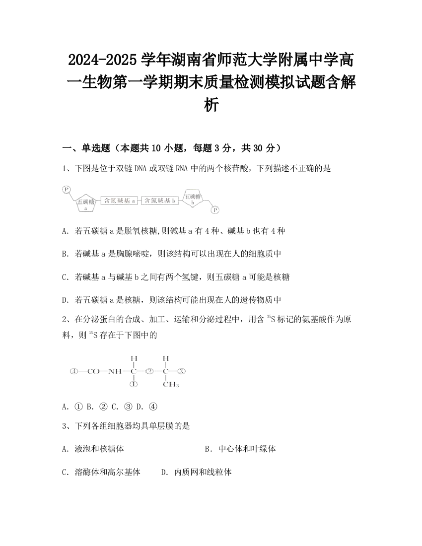 2024-2025学年湖南省师范大学附属中学高一生物第一学期期末质量检测模拟试题含解析