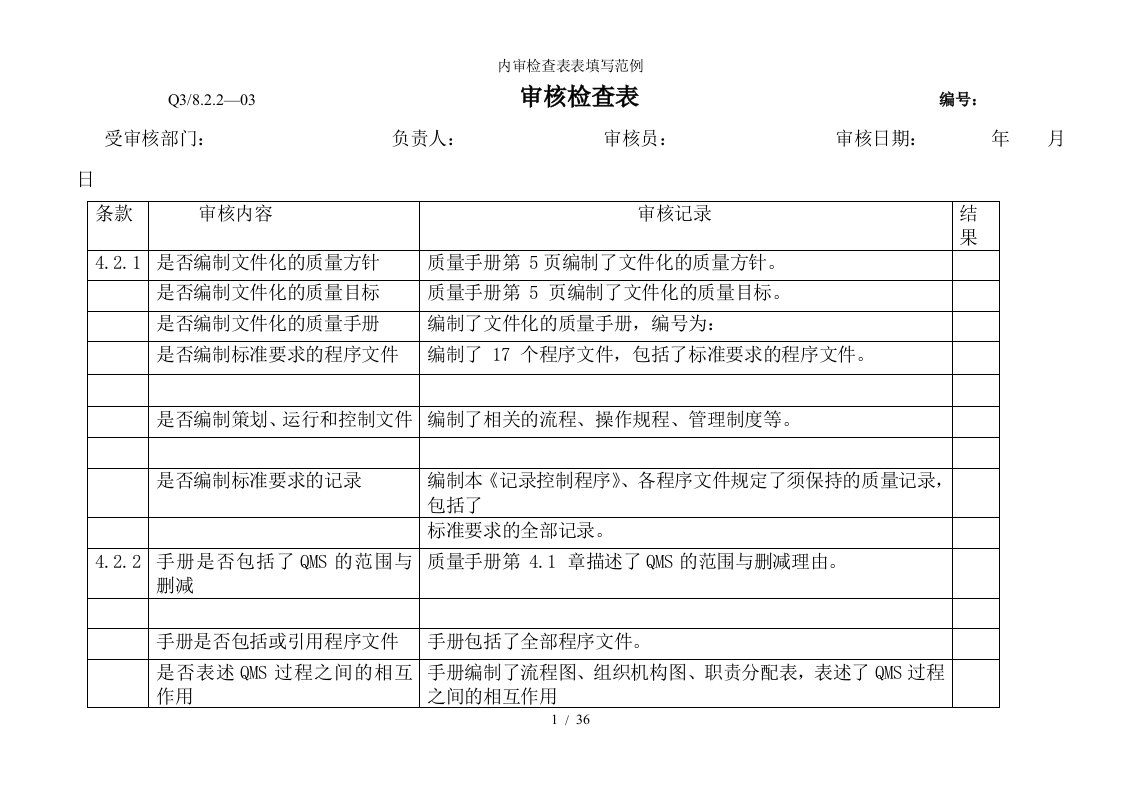 内审检查表表填写范例