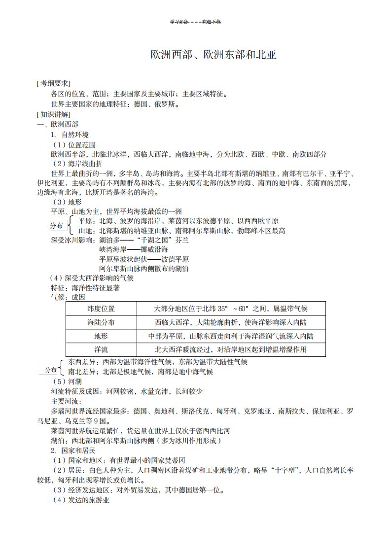 2023年高三地理二轮复习专题讲练欧洲西部欧洲东部和北亚学案