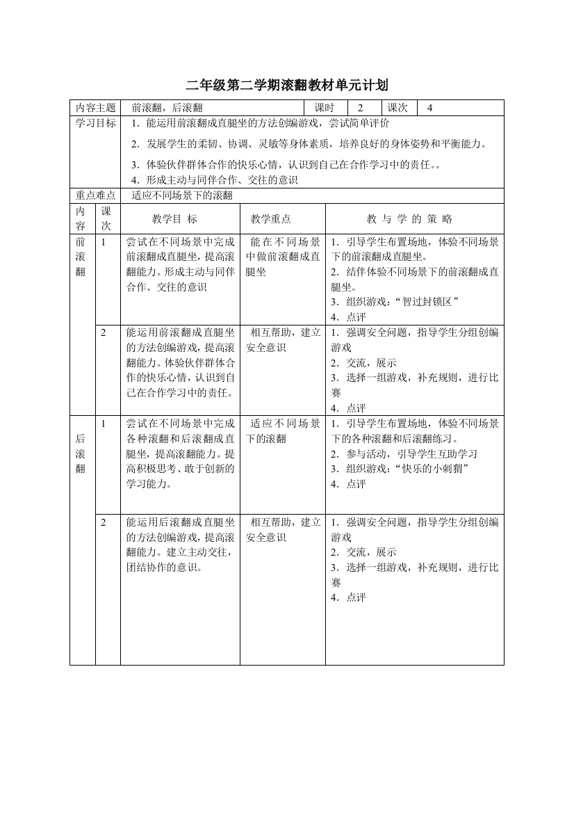 第二学期滚翻单元计划