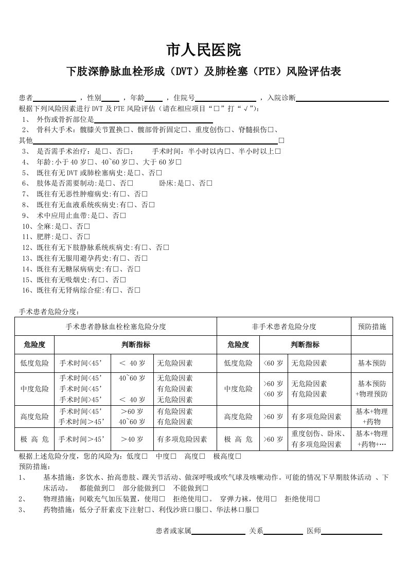 深静脉血栓形成及肺栓塞风险评估表