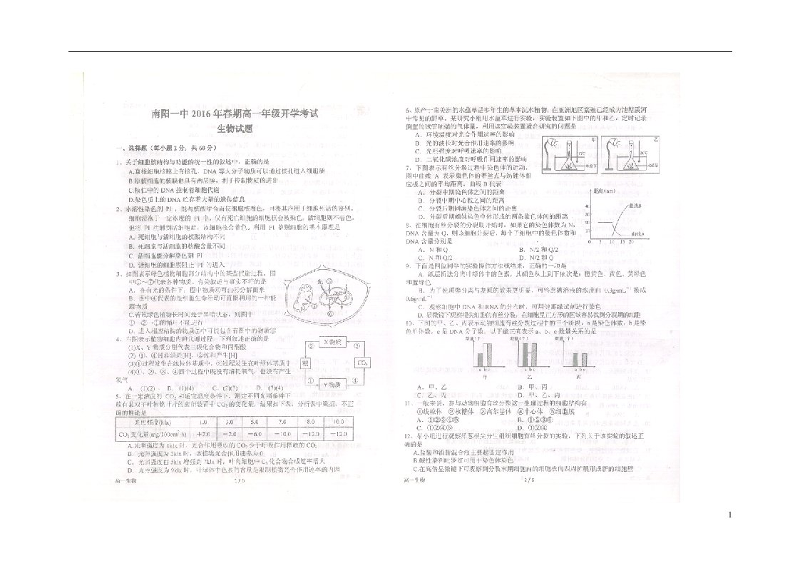 河南省南阳市第一中学高一生物下学期开学考试试题（扫描版）