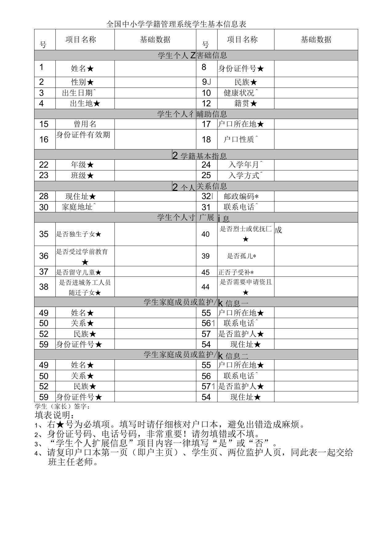 全国学籍学生基本信息采集表A版