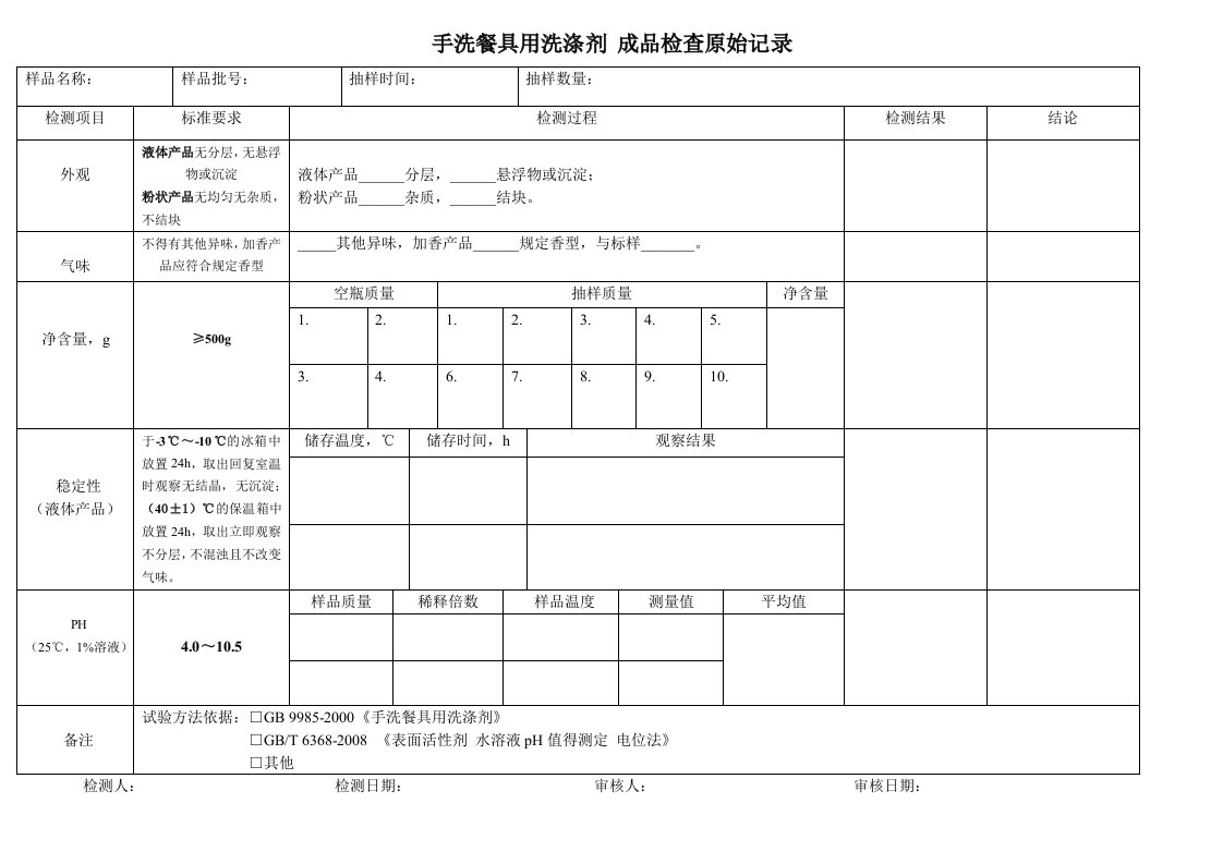 手洗餐具用洗涤剂检查原始记录