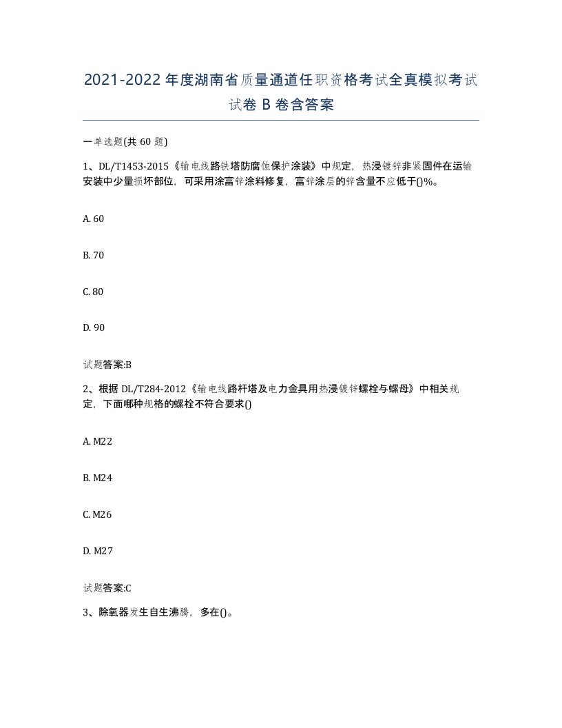 20212022年度湖南省质量通道任职资格考试全真模拟考试试卷B卷含答案