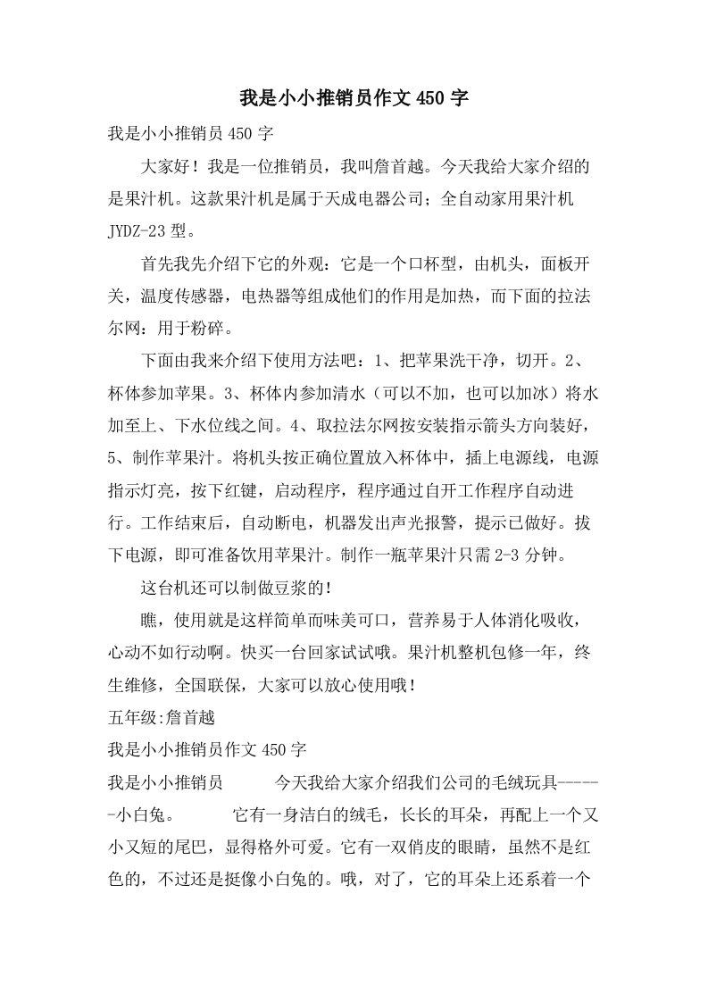 我是小小推销员作文450字