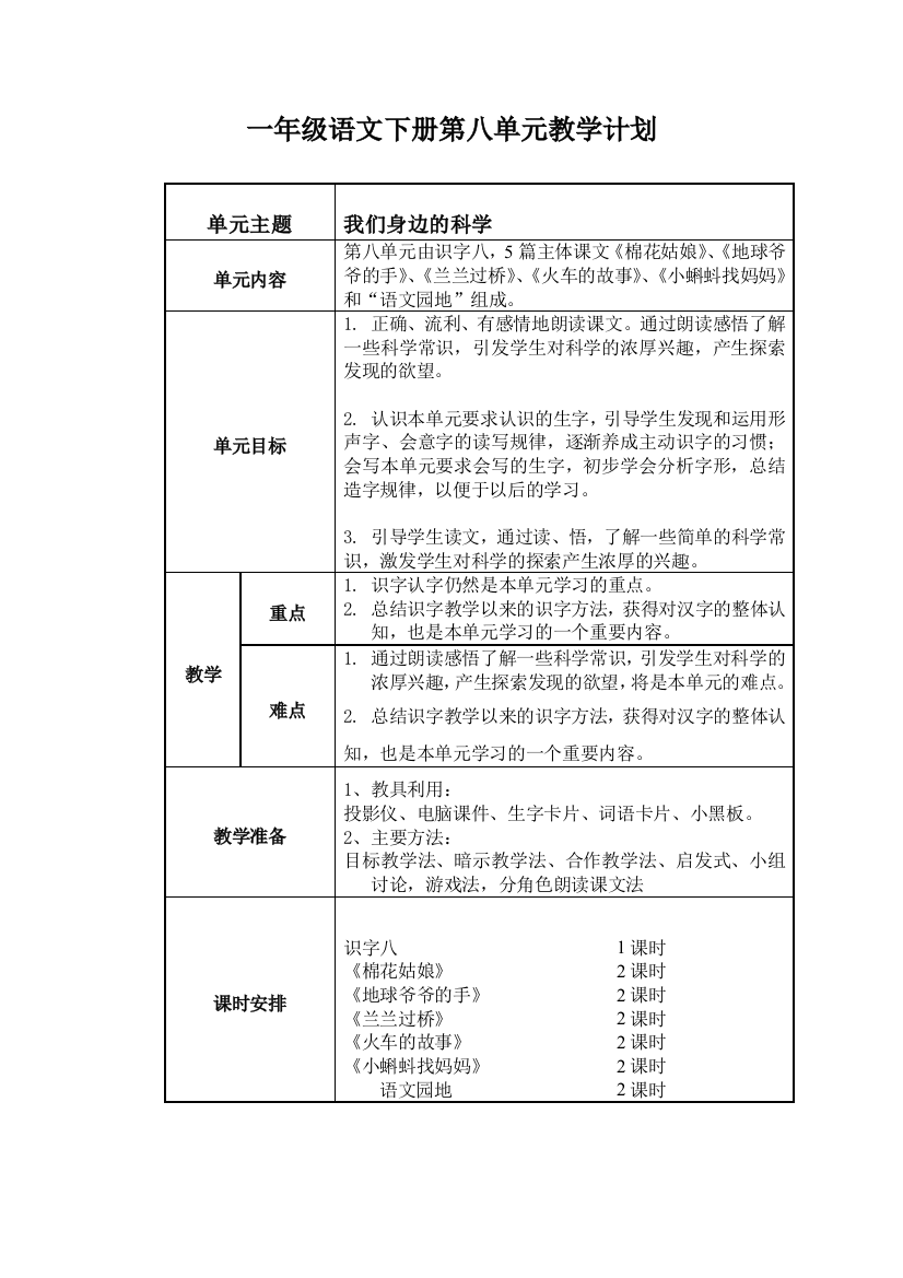 一年级语文下册第八单元教学计划