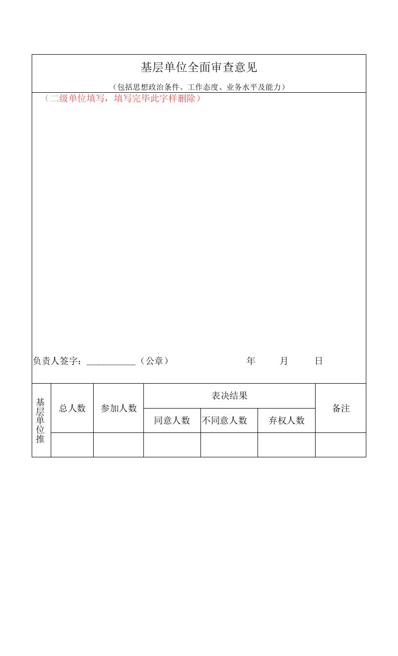 基层单位全面审查意见