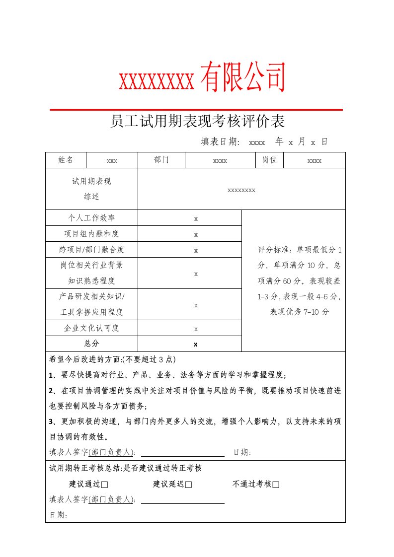 员工试用期表现考核评价表