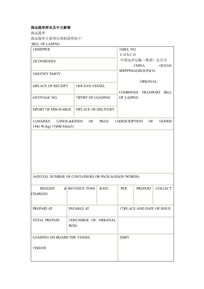 海运提单样本及中文解释