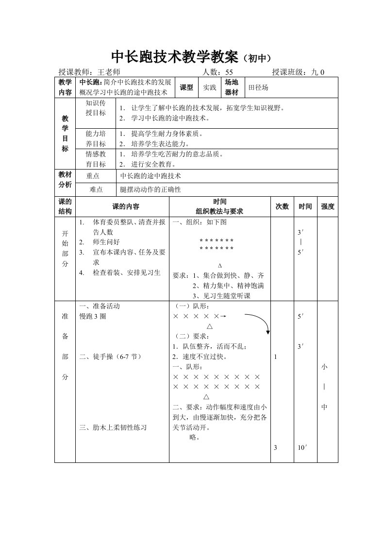 初中体育与健康中长跑技术教学教案