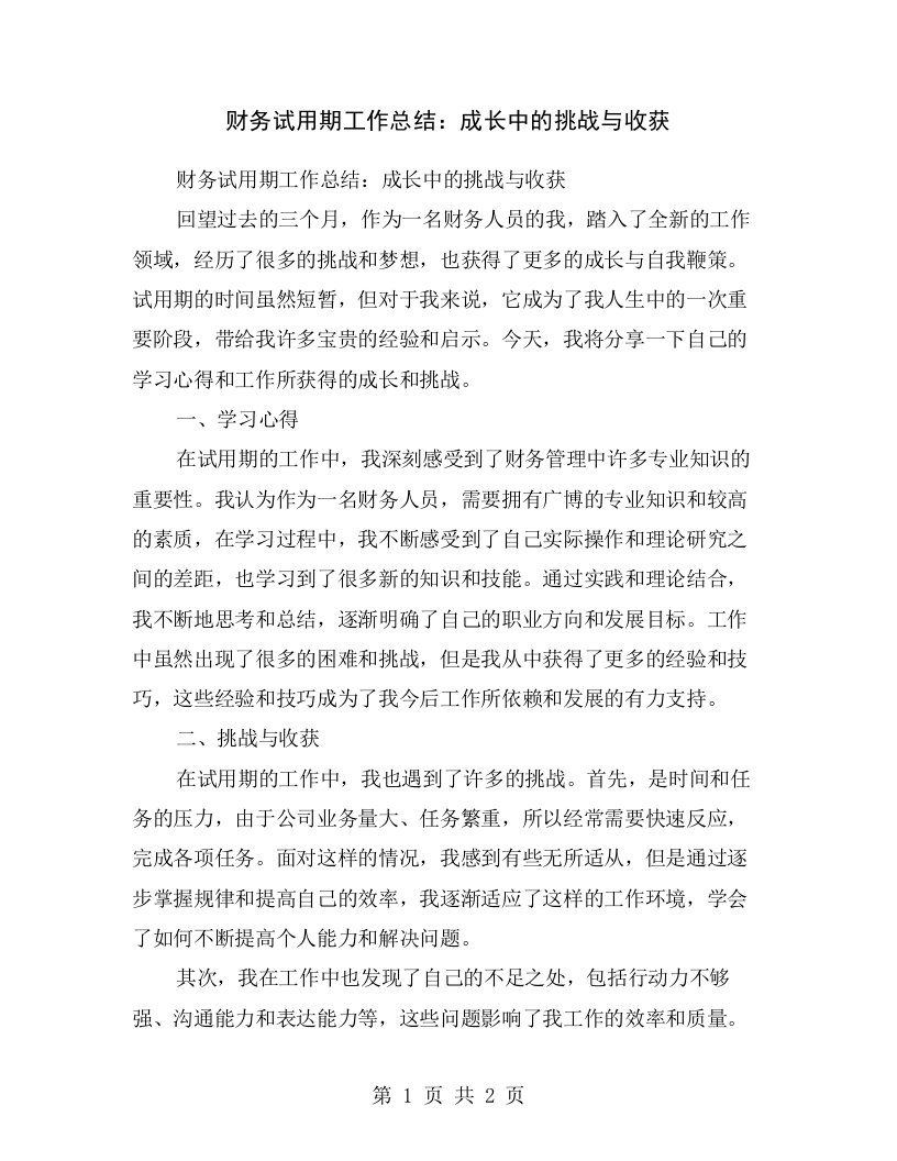 财务试用期工作总结：成长中的挑战与收获