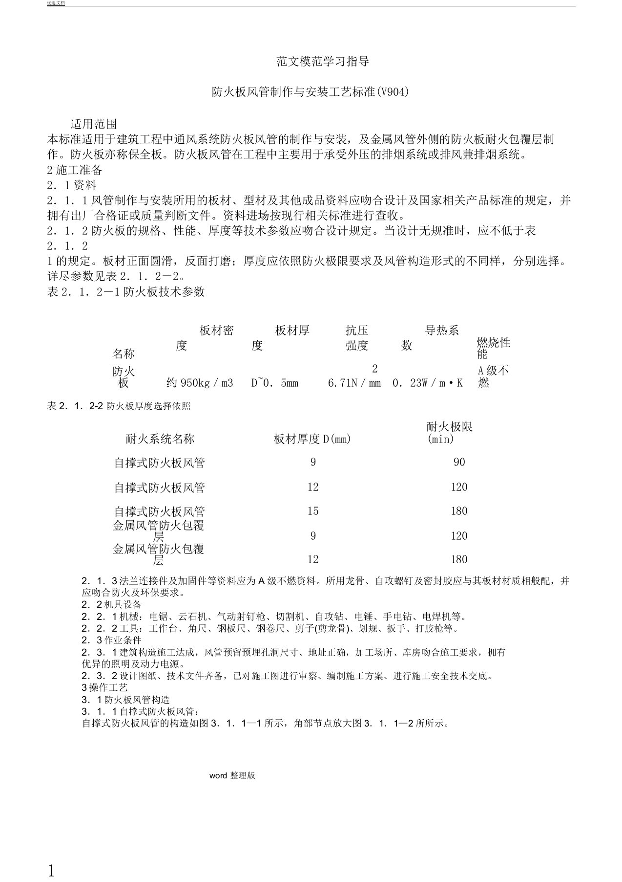 防火板风管制作及安装施工工艺设计标准