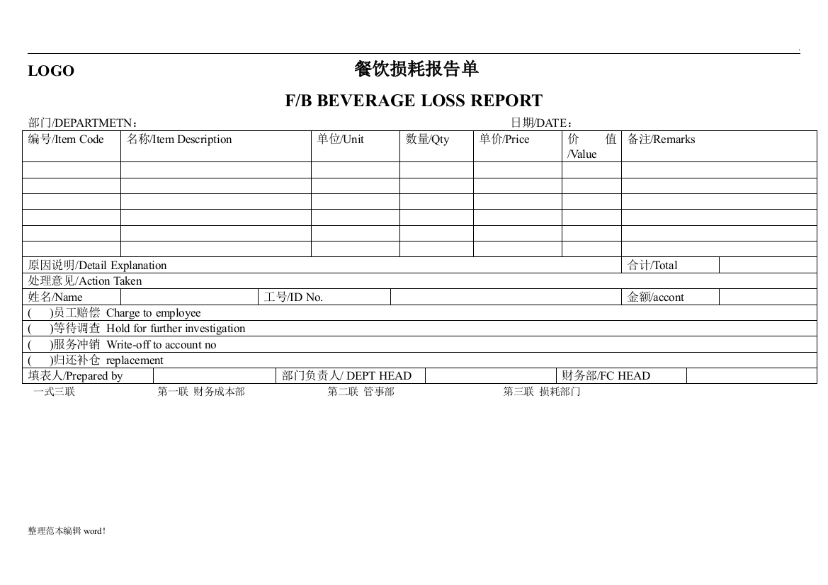 酒店餐饮损耗报告单