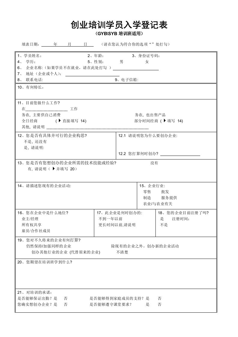 创业培训学员入学登记表