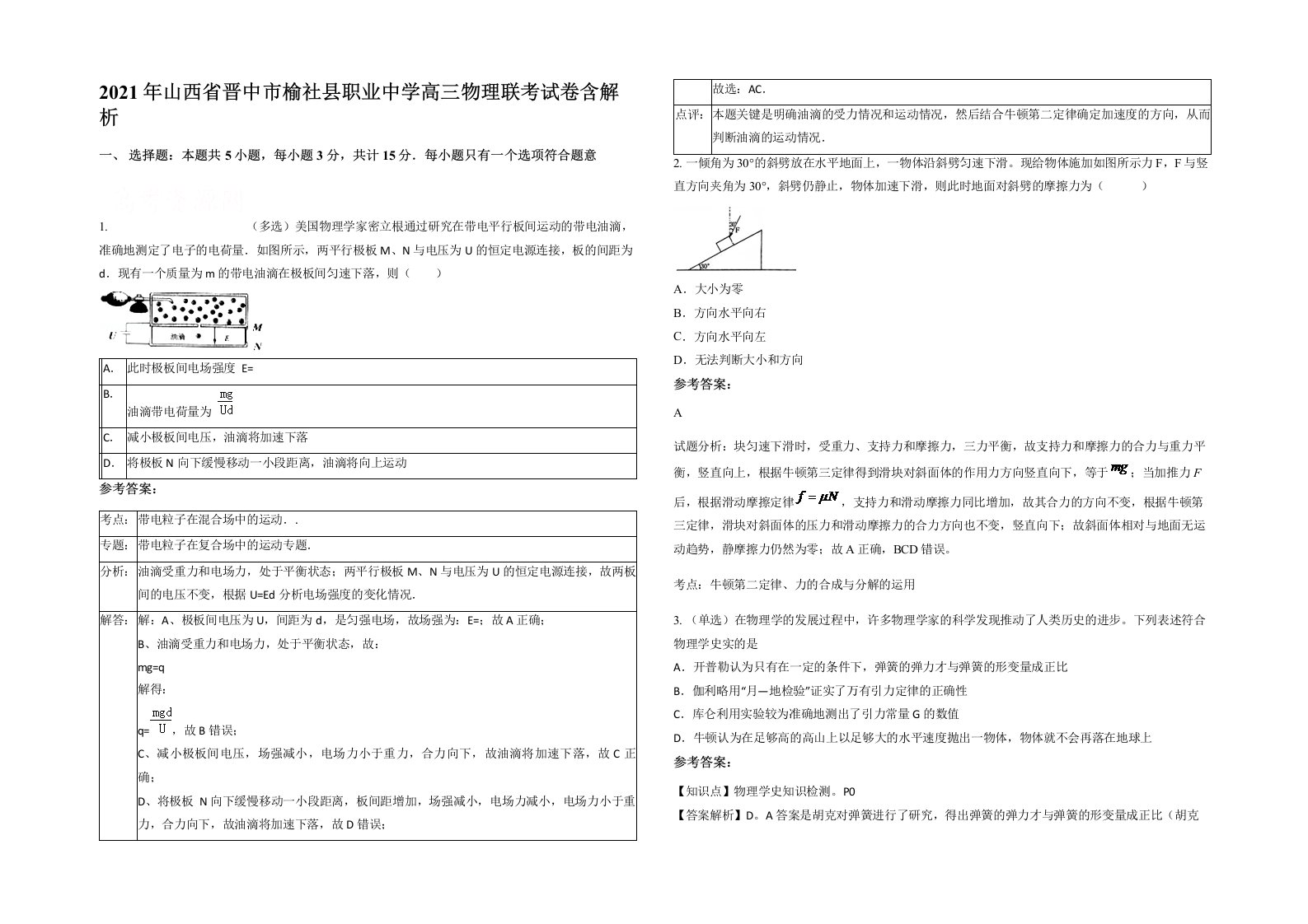 2021年山西省晋中市榆社县职业中学高三物理联考试卷含解析