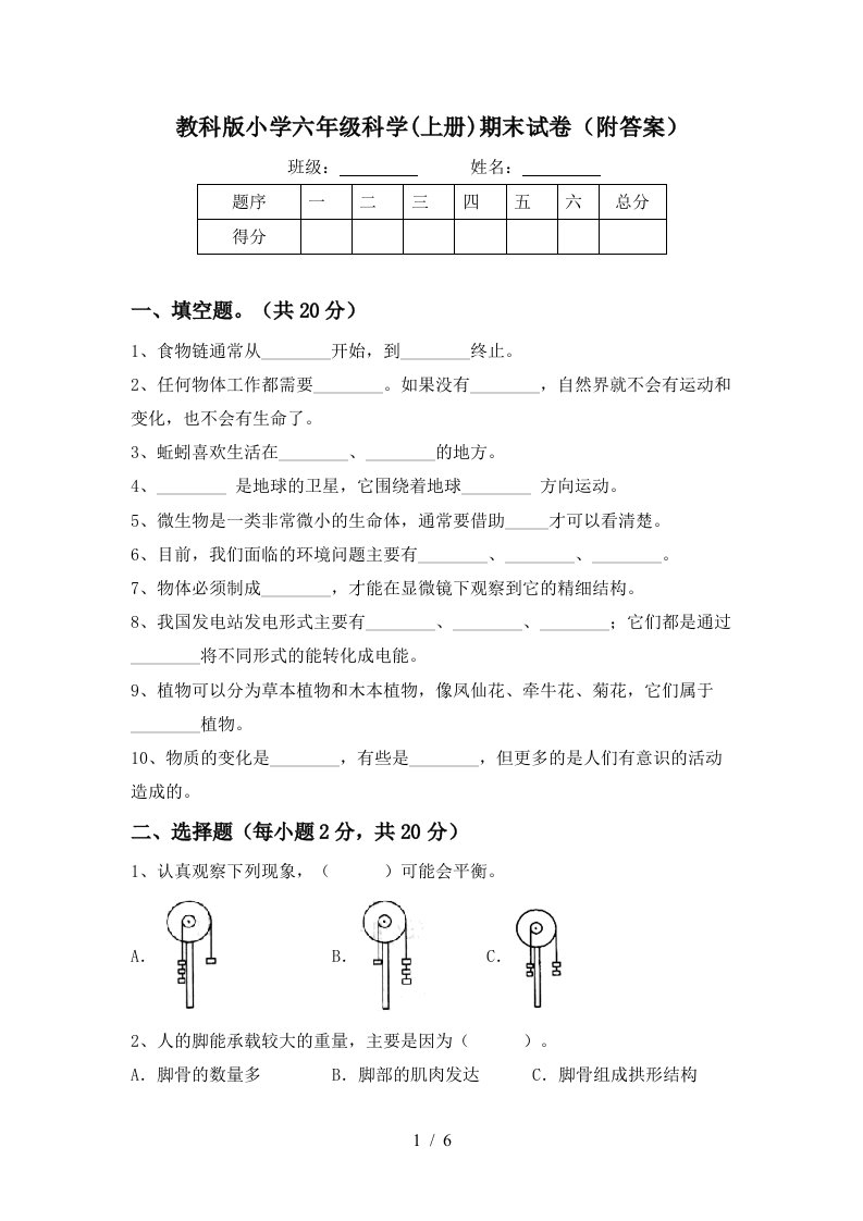 教科版小学六年级科学上册期末试卷附答案