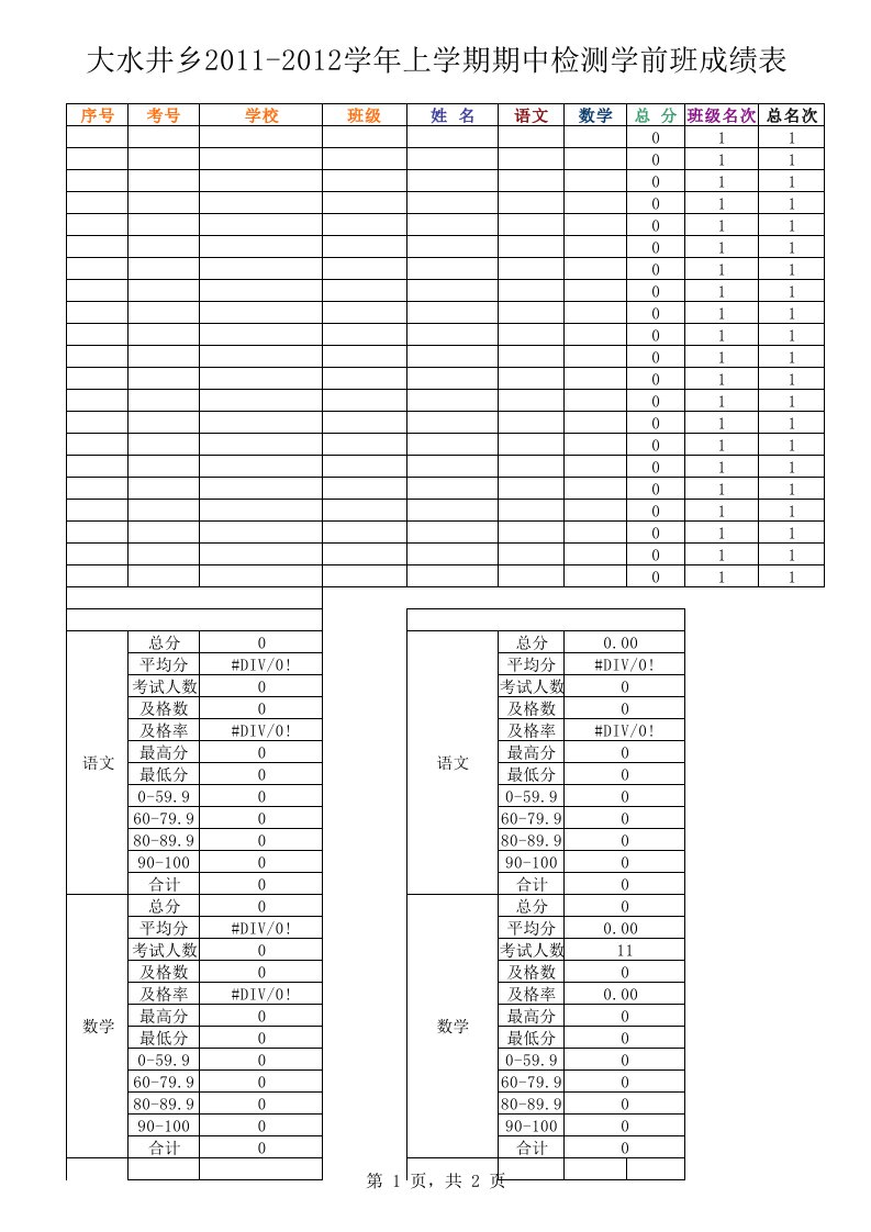 各级考试成绩记分册(会自动计算名次、分数段等)（精选）