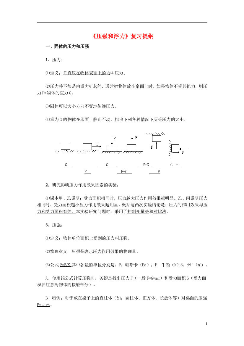 （整理版）《压强和浮力》复习提纲