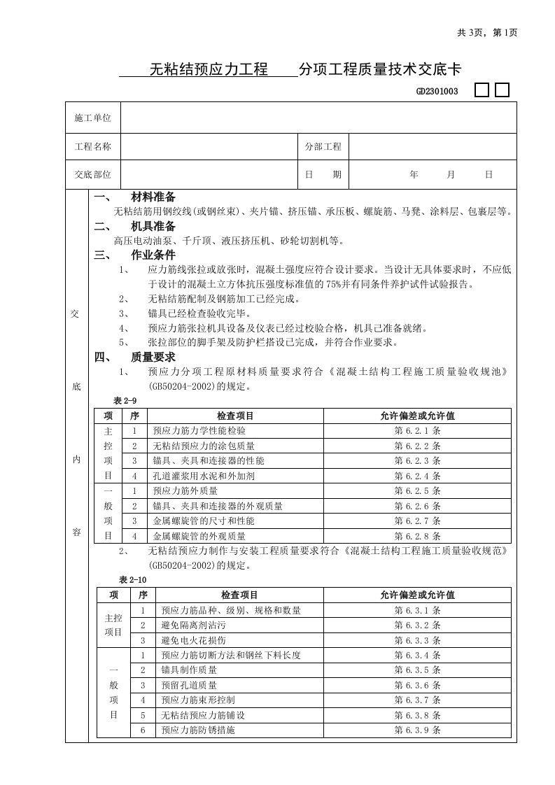 施工技术交底08无粘结预应力工程