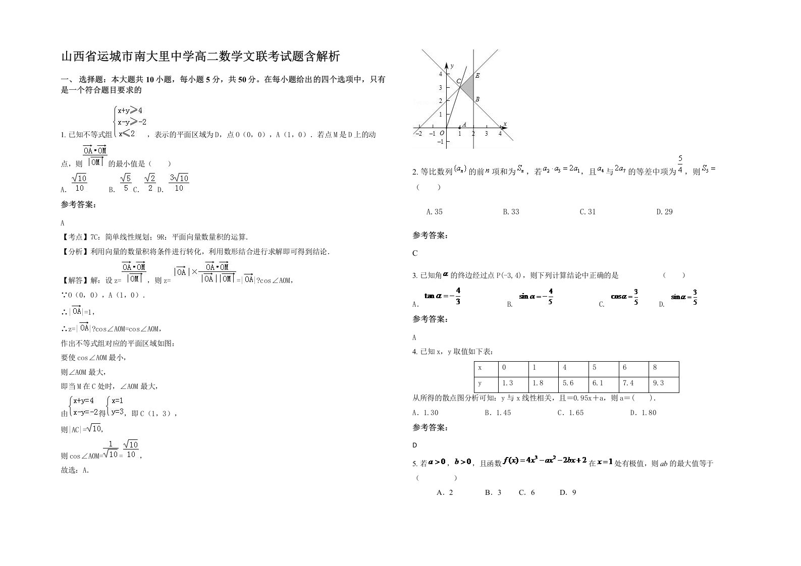 山西省运城市南大里中学高二数学文联考试题含解析