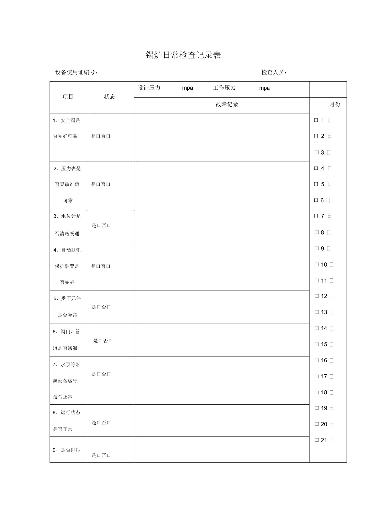 锅炉日常检查记录表