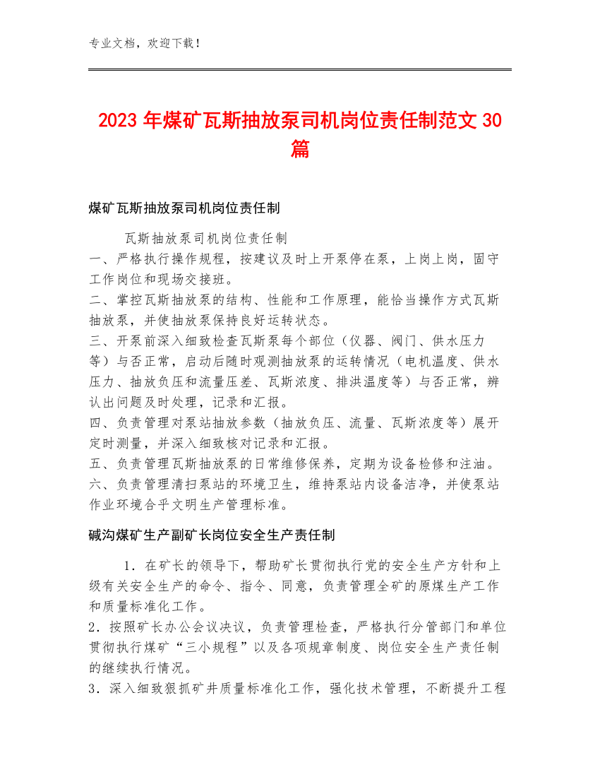 2023年煤矿瓦斯抽放泵司机岗位责任制范文30篇