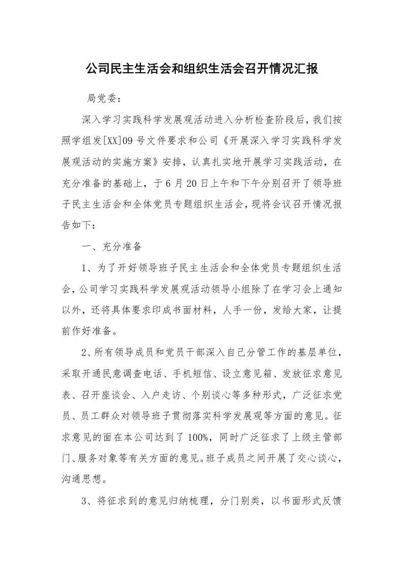 工作总结范文_工作总结_公司民主生活会和组织生活会召开情况汇报