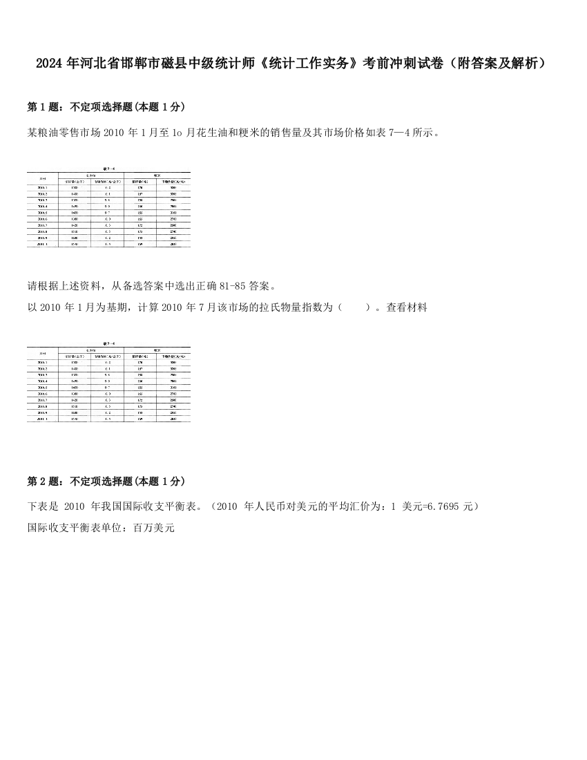 2024年河北省邯郸市磁县中级统计师《统计工作实务》考前冲刺试卷（附答案及解析）