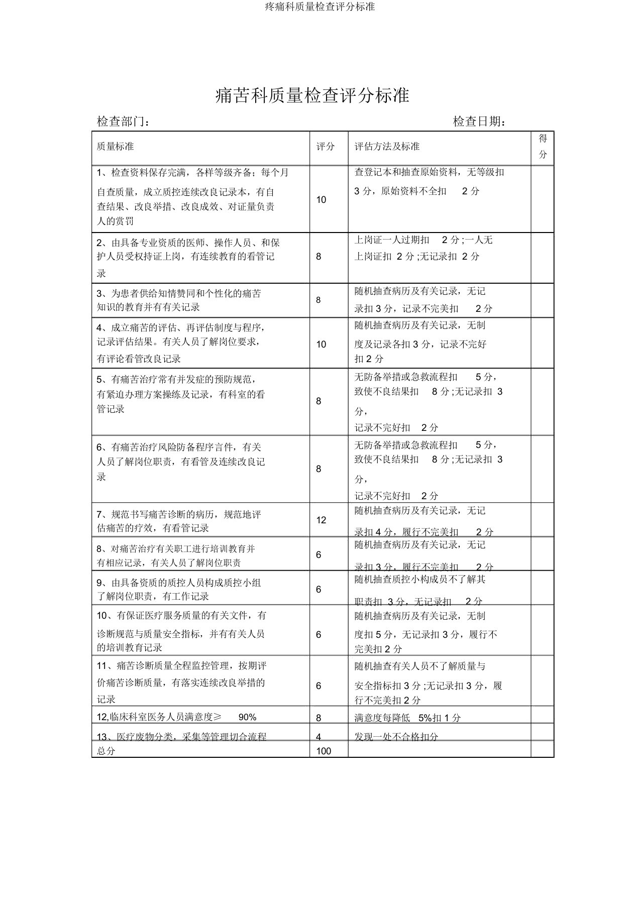 疼痛科质量检查评分标准