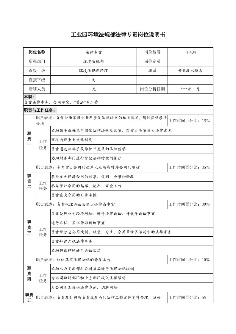 工业园环境法规部法律专责岗位说明