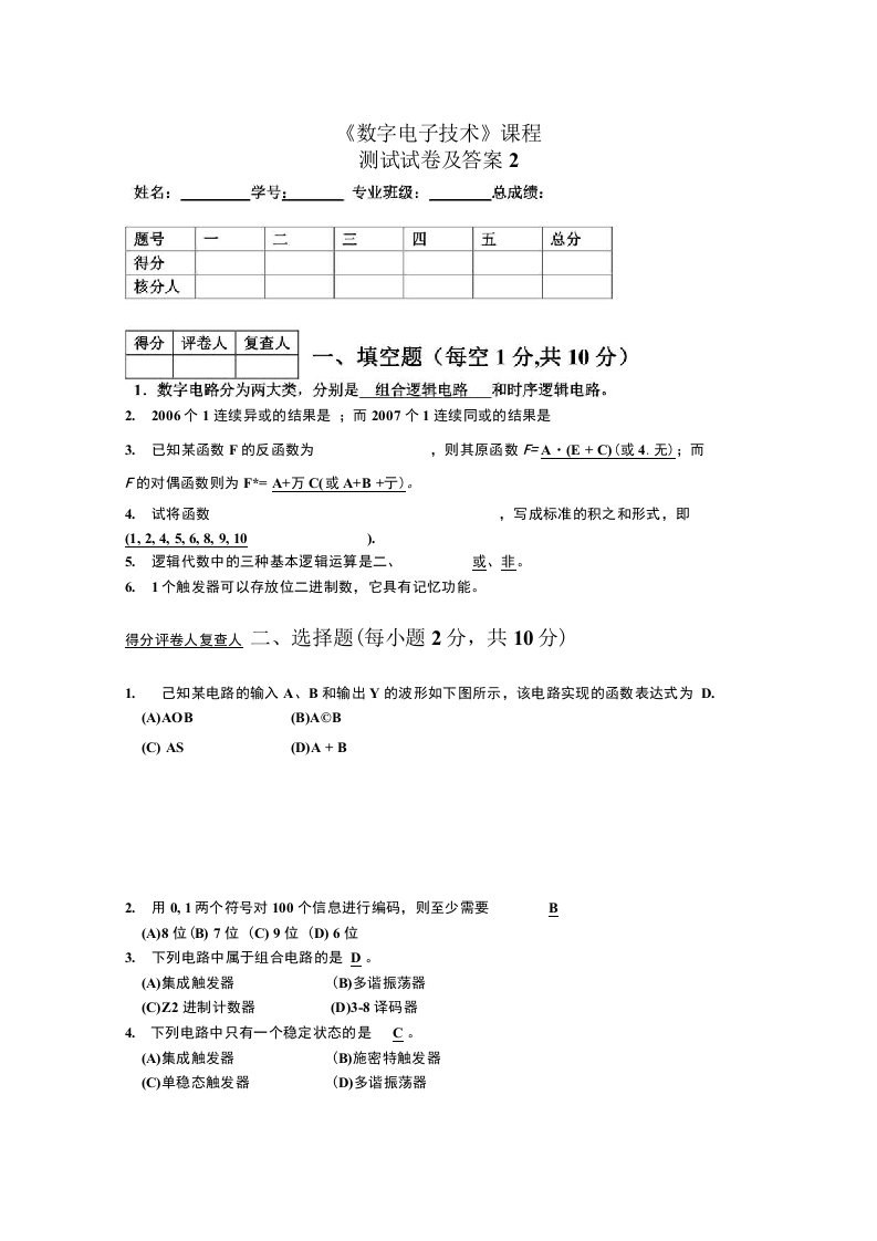 《数字电子技术基础》期末考试试题