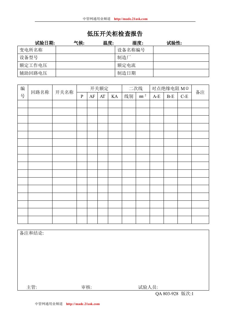 电气试验报告书低压开关柜检查报告-其他行业报告