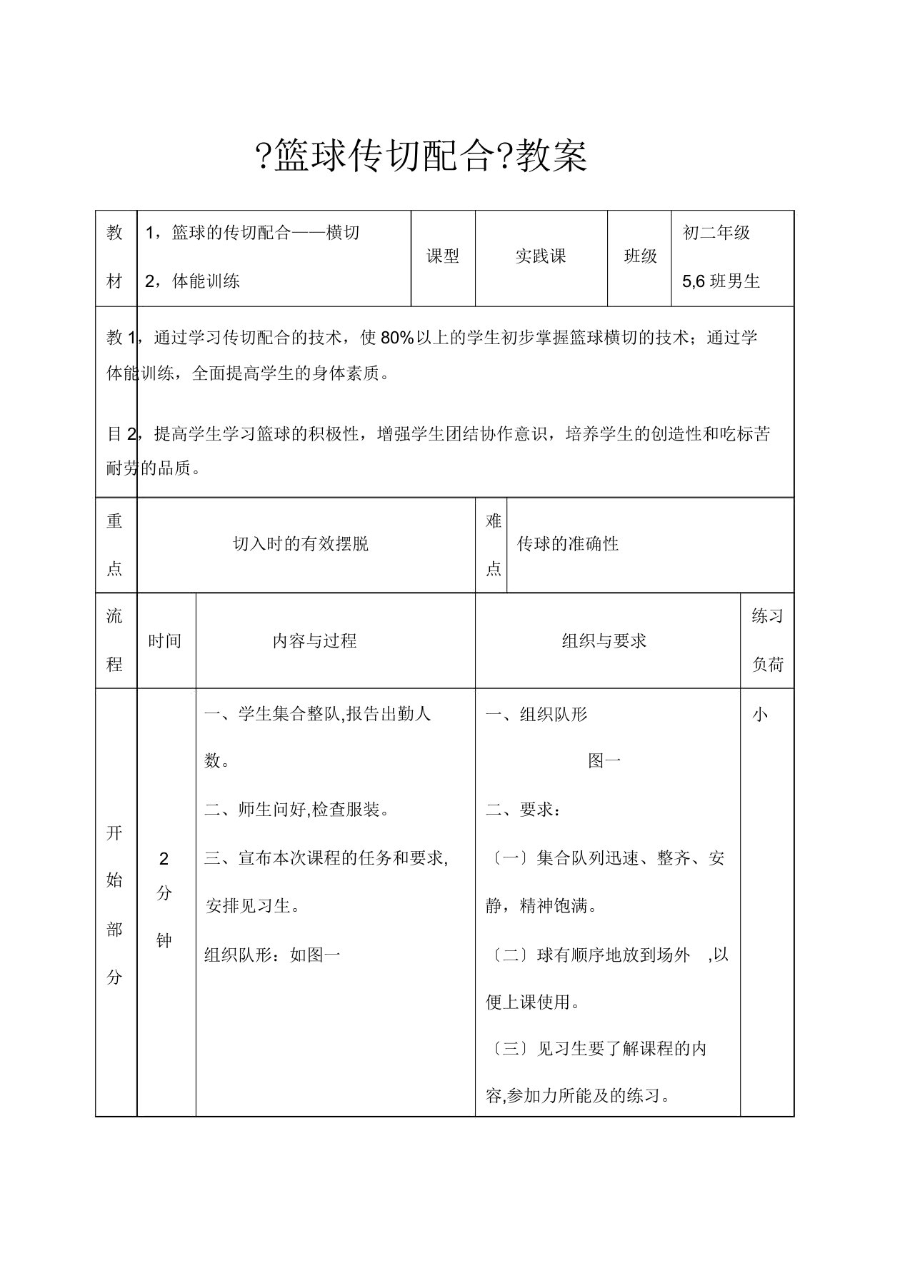 篮球传切配合教案