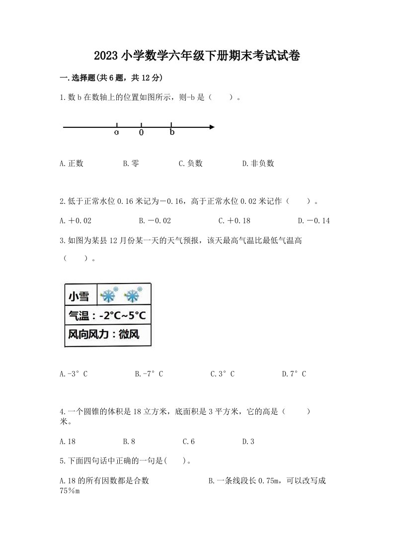 2023小学数学六年级下册期末考试试卷带答案（巩固）