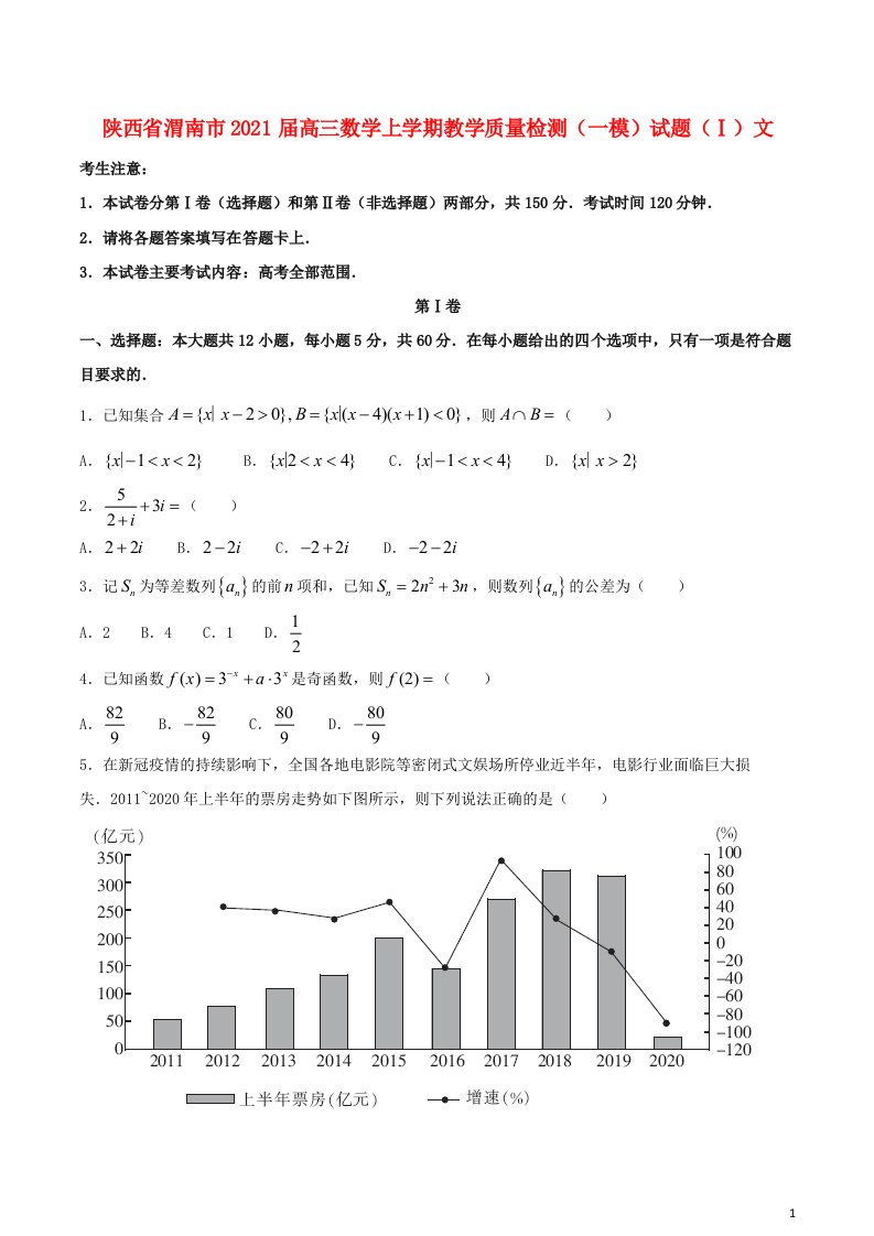 陕西省渭南市2021届高三数学上学期教学质量检测一模试题Ⅰ文