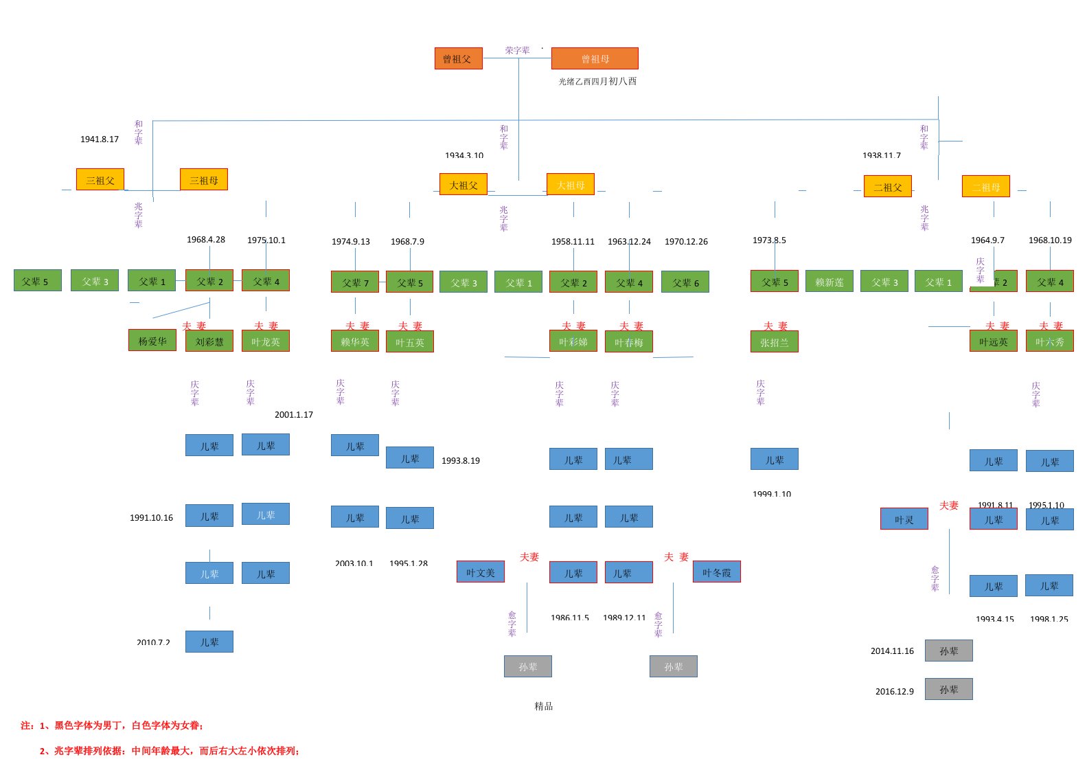 家族成员关系、辈分排列树状图(含女眷)docx