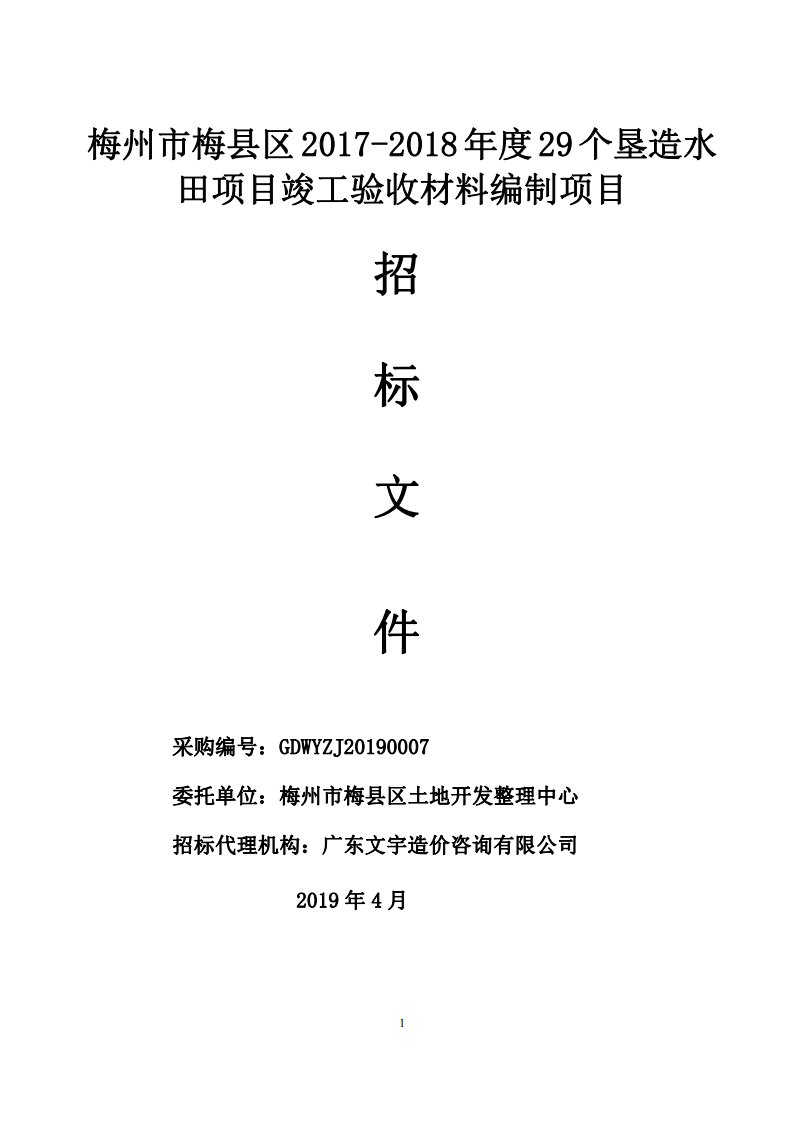 垦造水田项目竣工验收材料编制项目招标文件