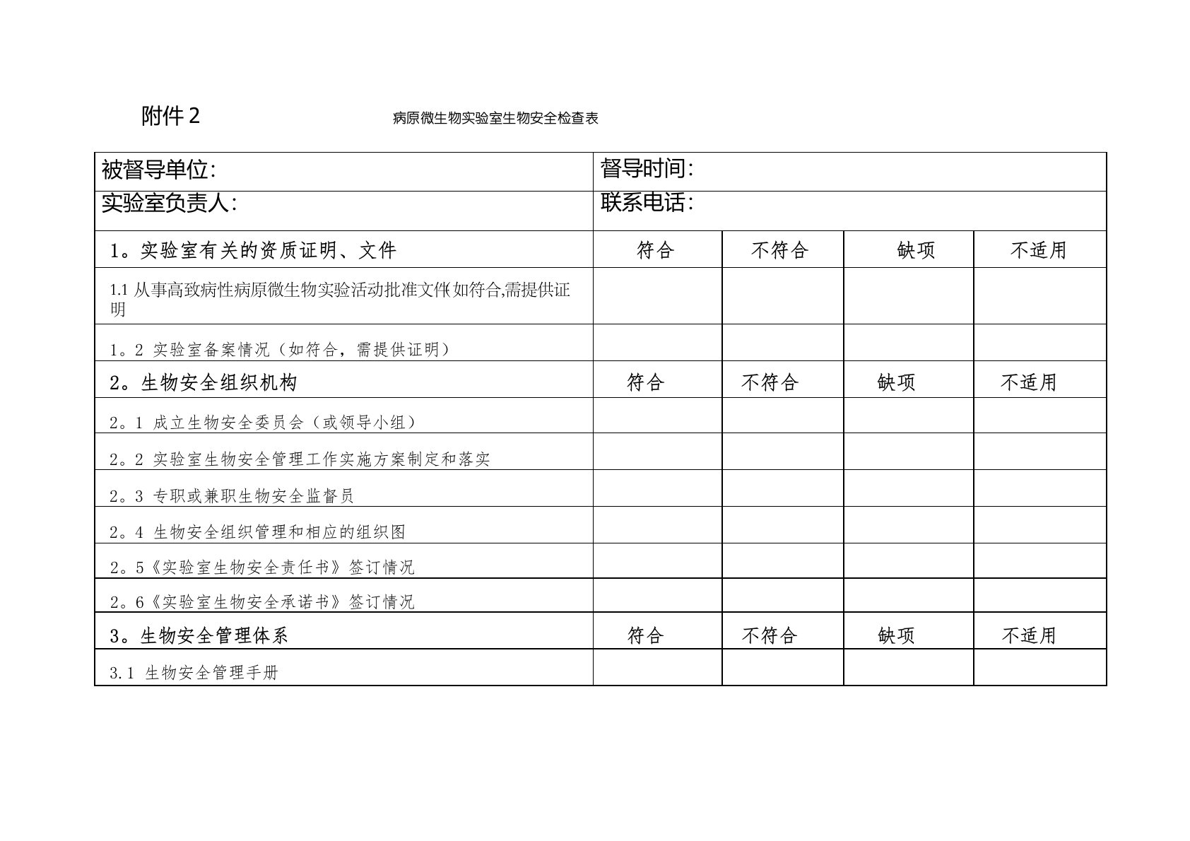 病原微生物室生物安全检查表